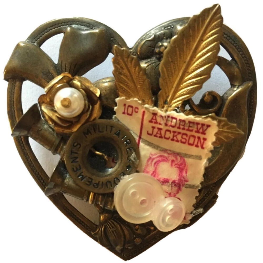 Vintage 80s Heart Brooch Andrew Jackson stamp Military steampunk screws …